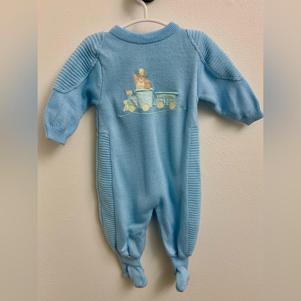 Vintage 1991 Lil Lamonsters Baby Knit Footie Pajamas Blue Train 3–6 Months